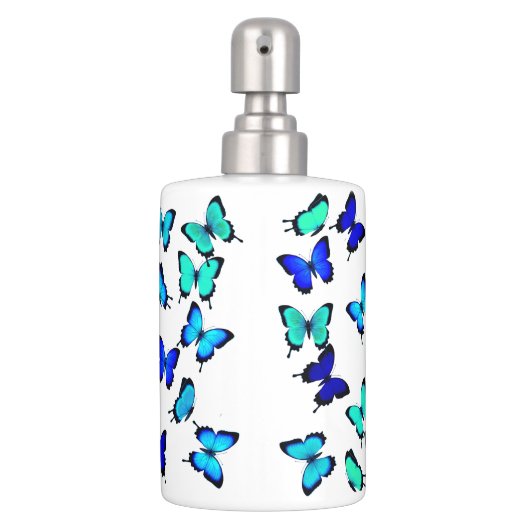 Blue Green Tropical Butterflies Soap Dispenser And Toothbrush Holder (Front)
