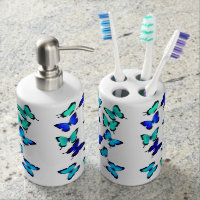 Blue Green Tropical Butterflies Soap Dispenser And Toothbrush Holder