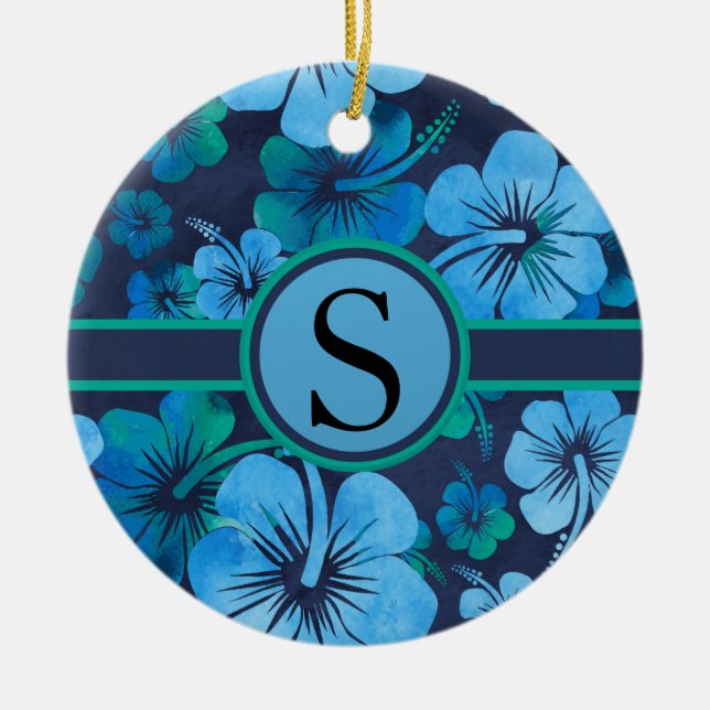 Blue Green Tropical Hibiscus Floral Monogram Ceramic Ornament (Front)