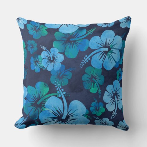 Blue Green Tropical Hibiscus Floral Pillow