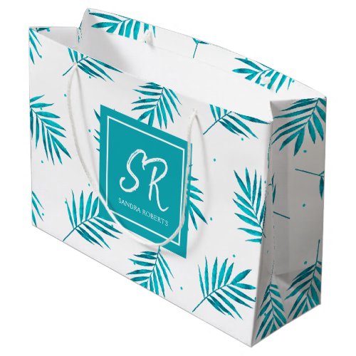 Blue_green tropical leaves pattern large gift bag