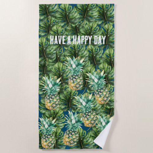 Blue Green Tropical Leaves Pineapples Beach Towel