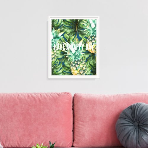 Blue Green Tropical Leaves Pineapples Canvas Print