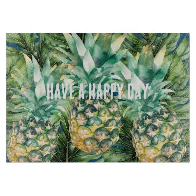 Blue Green Tropical Leaves Pineapples Cutting Board (Front)