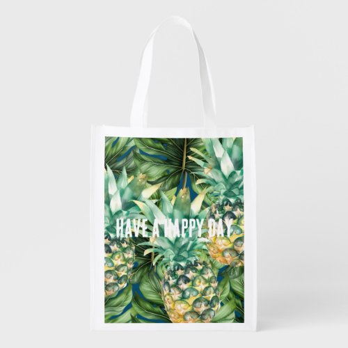 Blue Green Tropical Leaves Pineapples Grocery Bag