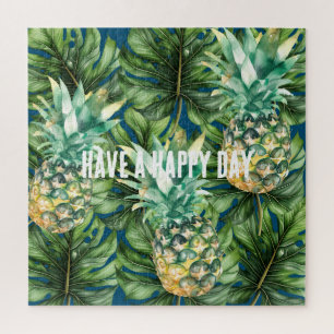 Blue Green Tropical Leaves Pineapples Jigsaw Puzzle