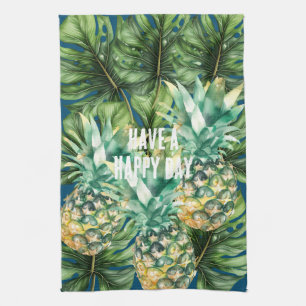 Blue Green Tropical Leaves Pineapples Kitchen Towel