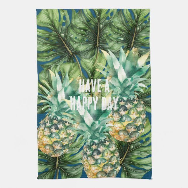 Blue Green Tropical Leaves Pineapples Kitchen Towel (Vertical)