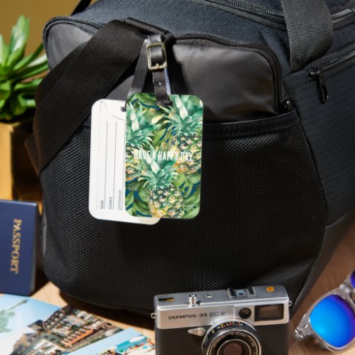 Blue Green Tropical Leaves Pineapples Luggage Tag