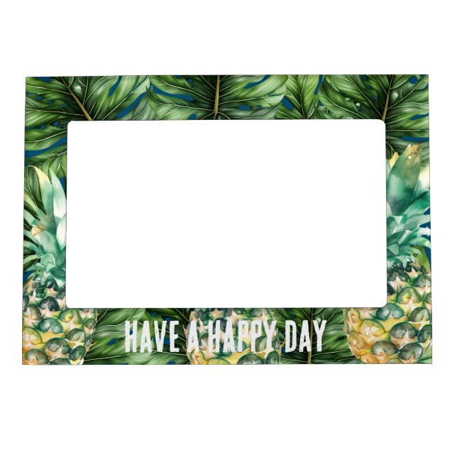 Blue Green Tropical Leaves Pineapples Magnetic Frame (Front)