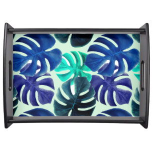 Blue & Green Tropical Leaves Summer Vibes Serving Tray