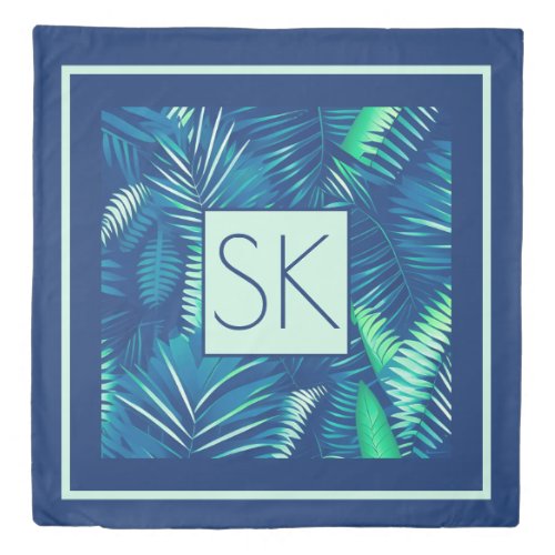 Blue Green Tropical Leaves w Initials Reversible Duvet Cover