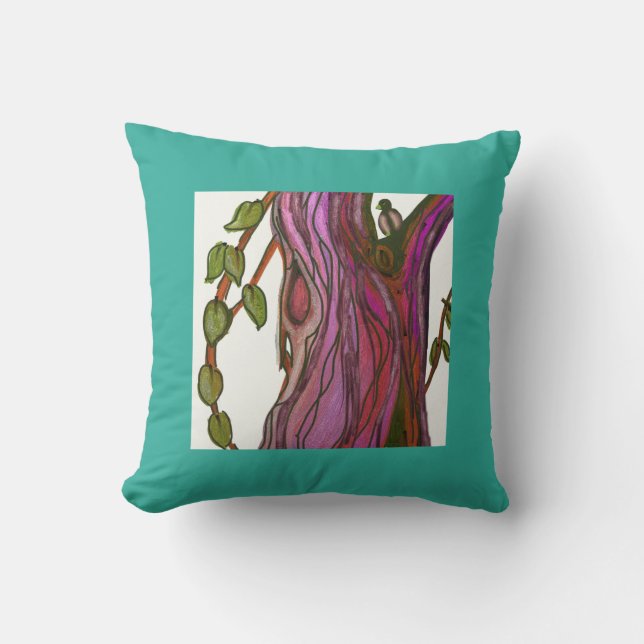 Blue-Green Tropical Painting of Tree and Bird Throw Pillow (Front)