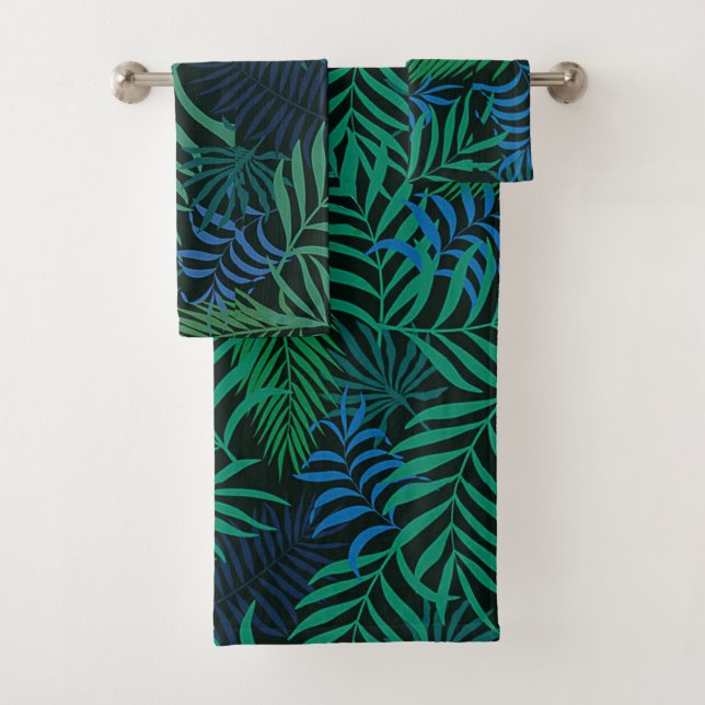 Blue & Green Tropical Palm Fronds on Black Bath Towel Set (Insitu)