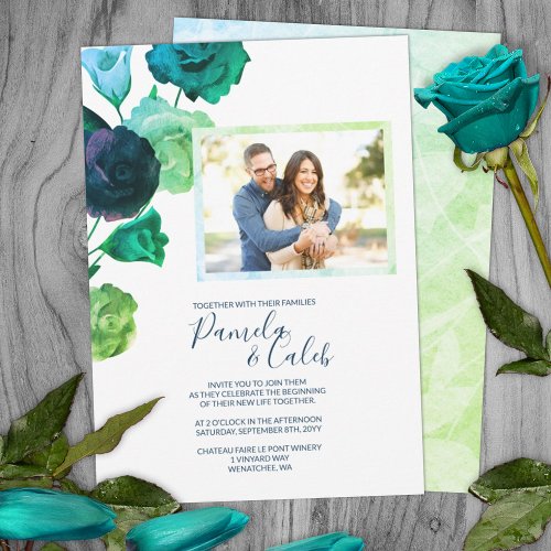 Blue Green Turquoise Botanical Roses Wedding Invitation