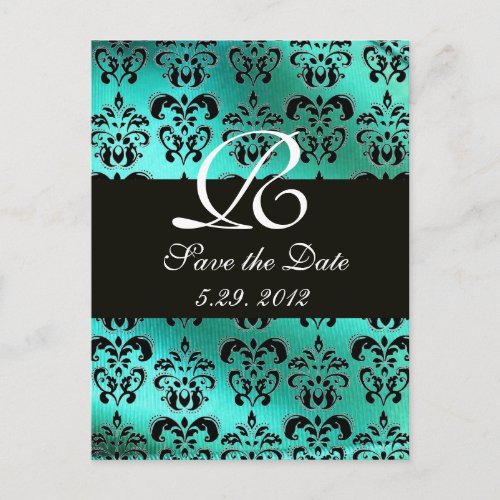 BLUE GREEN TURQUOISE DAMASK CLOTHWHITE MONOGRAM ANNOUNCEMENT POSTCARD