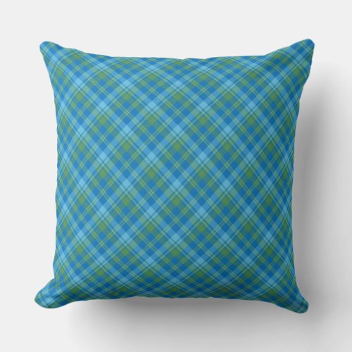 Blue Green Turquoise Diagonal Plaid Pattern Throw Pillow