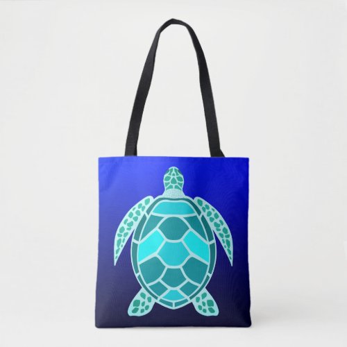 Blue green turquoise teal turtle on navy tote bag