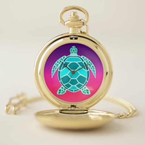 Blue green turquoise teal turtle pocket watch