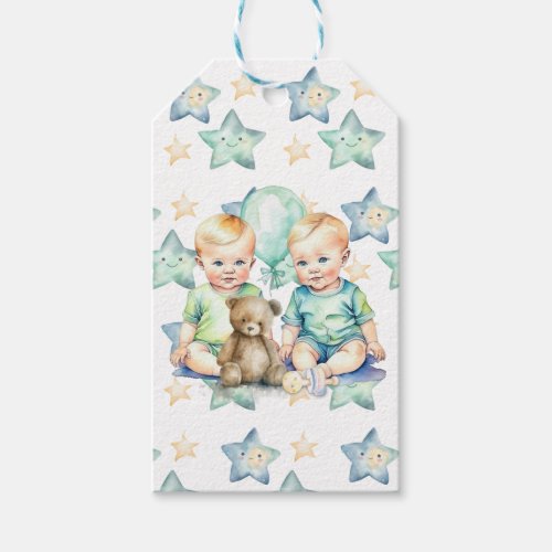 Blue Green Twin Baby Boys Baby Shower or New Baby Gift Tags