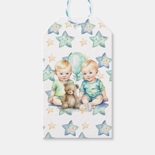 Blue Green Twin Baby Boys Baby Shower or New Baby Gift Tags (Front)
