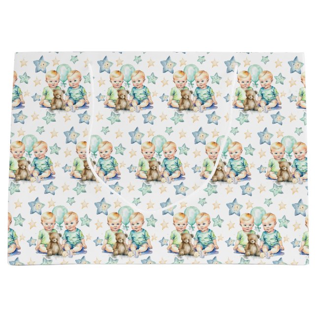 Blue Green Twin Baby Boys Baby Shower or New Baby Large Gift Bag (Front)