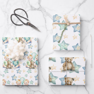 Blue Green Twin Baby Boys Baby Shower or New Baby Wrapping Paper Sheets