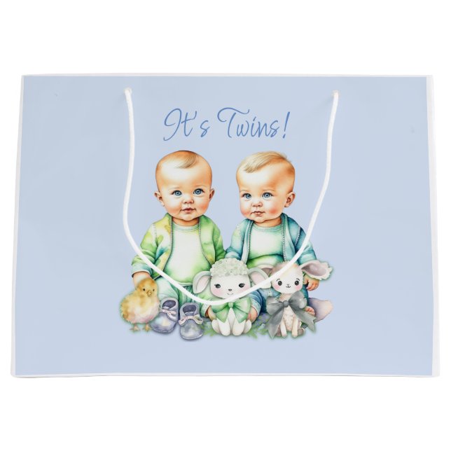 Blue, Green Twins Watercolor Baby Shower Large Gift Bag (Front)