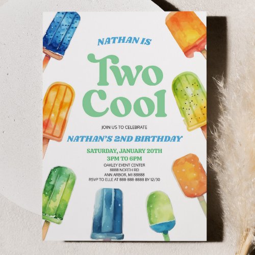 Blue Green Two Cool Popsicle 2nd Birthday Party Invitation