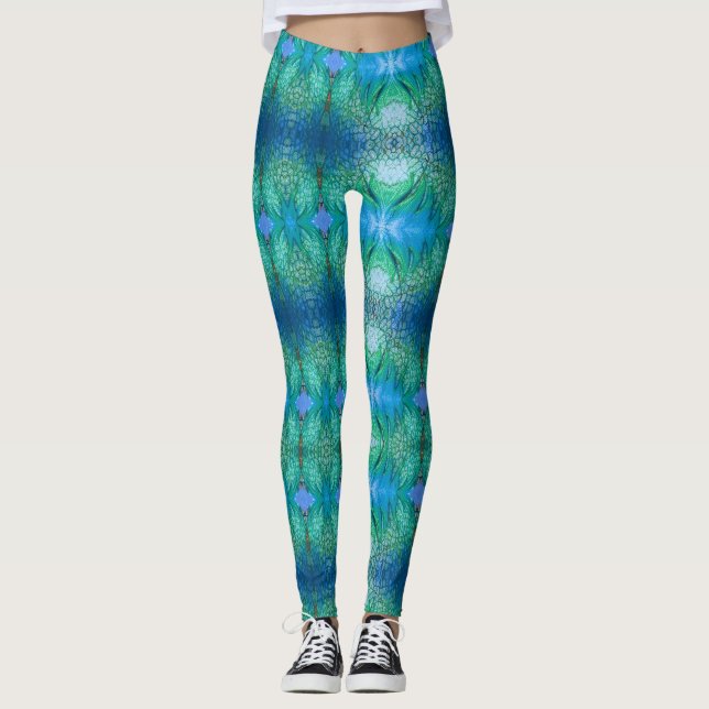 Blue Green Vibrant Colorful Snake Skin Leggings (Front)