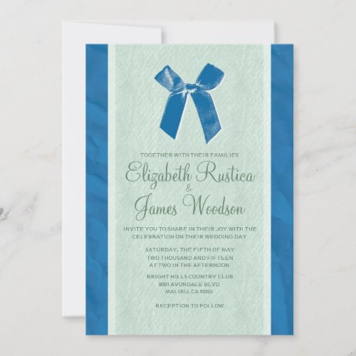 Blue &amp; Green Vintage Bow Linen Wedding Invitations