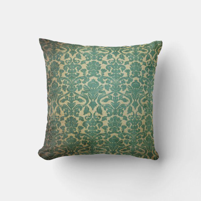 Blue green vintage damask throw pillow (Front)