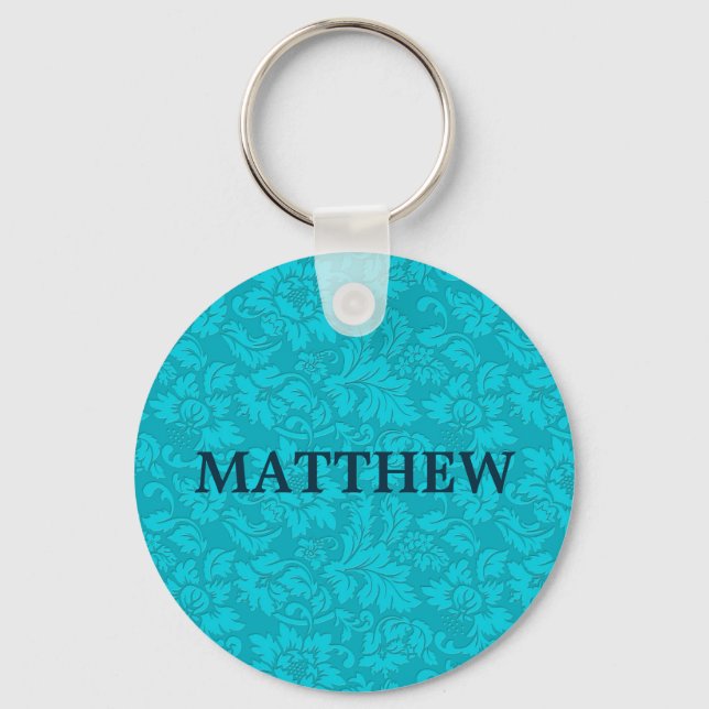 Blue-Green  Vintage Floral Damasks Keychain (Front)