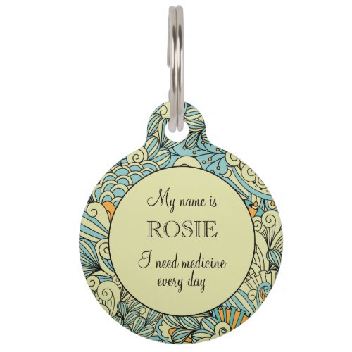Blue Green Vintage Floral Green Personalized Pet ID Tag