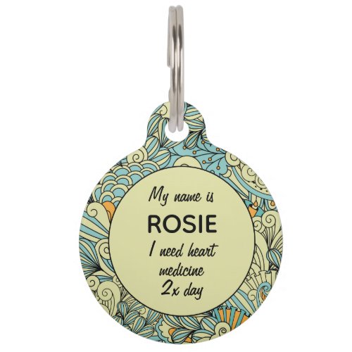 Blue Green Vintage Floral Green Personalized Pet ID Tag