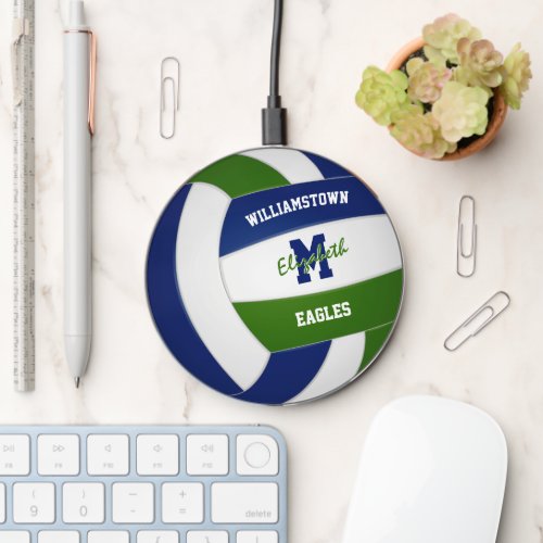 blue green volleyball athlete team name monogram wireless charger 