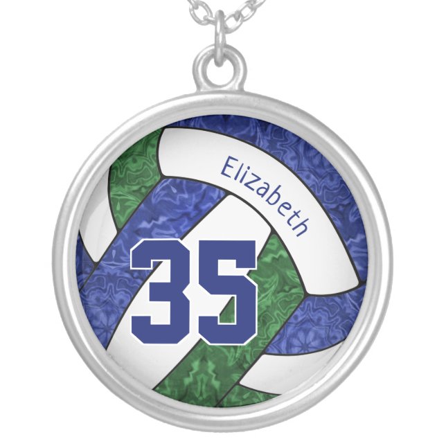 blue green volleyball team colors girls sporty silver plated necklace (Front)