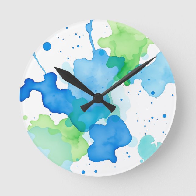 Blue Green Watercolor Abstract Pattern Round Clock (Front)