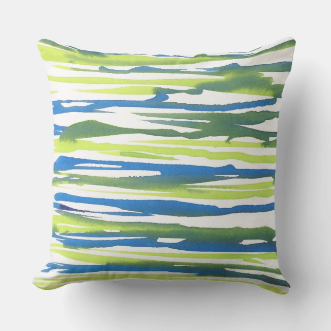 Blue Green Watercolor Abstract Stripes Pillow (Front)