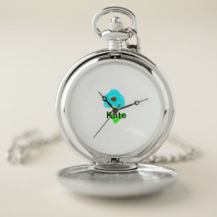 Blue green watercolor add your name text custom  pocket watch