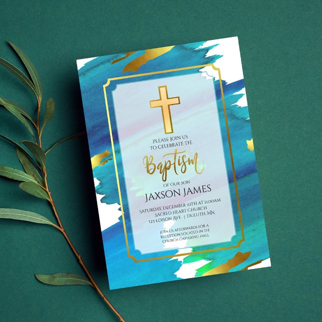 Blue Green Watercolor Boy Baptism Invitation (Creator Uploaded)