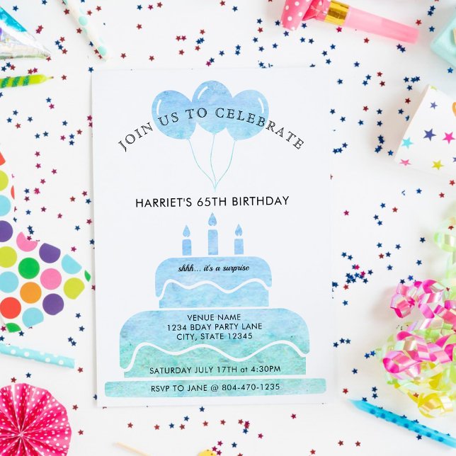 Blue Green Watercolor Cake Balloons 65th Birthday Invitation (Blue Green Watercolor Cake Balloons 65th Birthday Invitation)