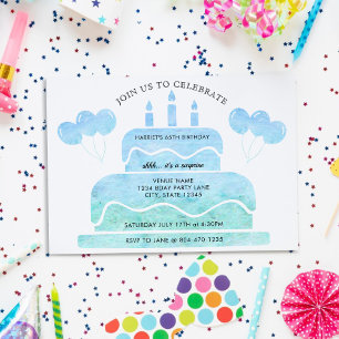 Blue Green Watercolor Cake Balloons 65th Birthday Invitation