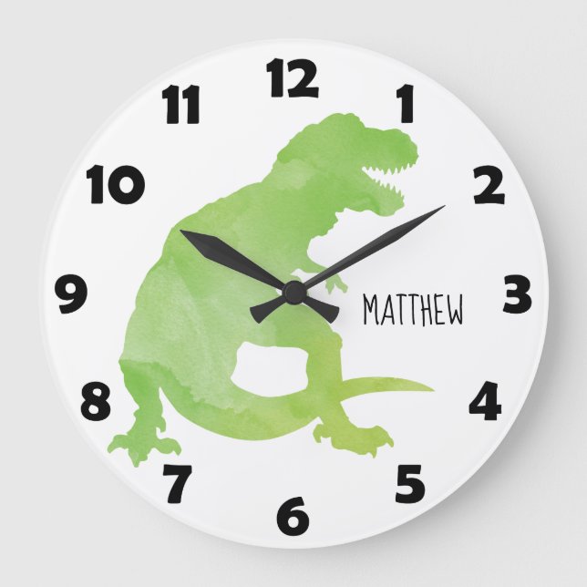 Blue Green Watercolor Dinosaur Personalized Kids Large Clock (Front)