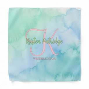 blue green watercolor editor writer name monogram bandana