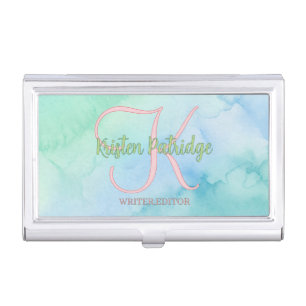 blue green watercolor editor writer name monogram business card case