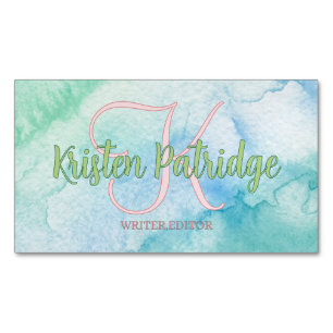 blue green watercolor editor writer name monogram business card magnet