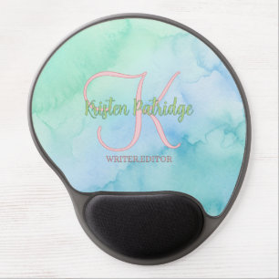 blue green watercolor editor writer name monogram gel mouse pad