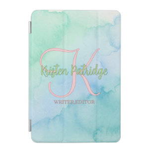 blue green watercolor editor writer name monogram iPad mini cover