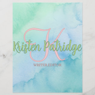blue green watercolor editor writer name monogram letterhead